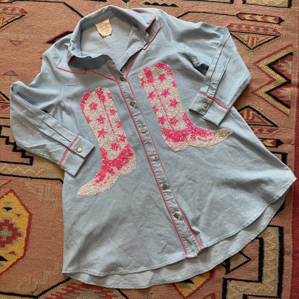 Women's Large Chambray Western Dress with Sequin Cowboy Boots